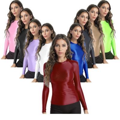 Womens Solid Color T-Shirt Glossy Finish Long Sleeve O Neck Slim Fit Design Yoga Sport Top