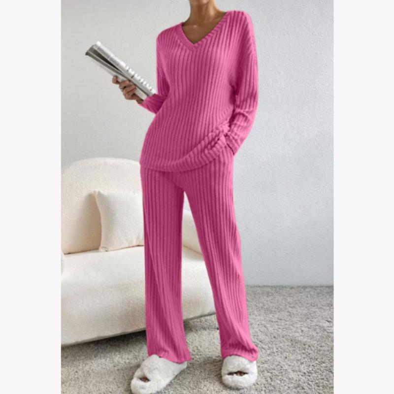 Casual 2-Piece Set with Long-Sleeved V-Neck Top and Striped Trousers