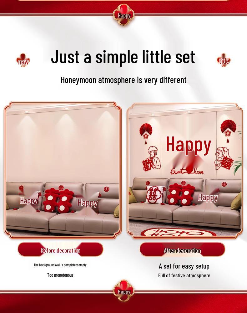 Wedding Room Decoration Set: Bride & Groom Sofa Background with Double Happiness Flower Pull