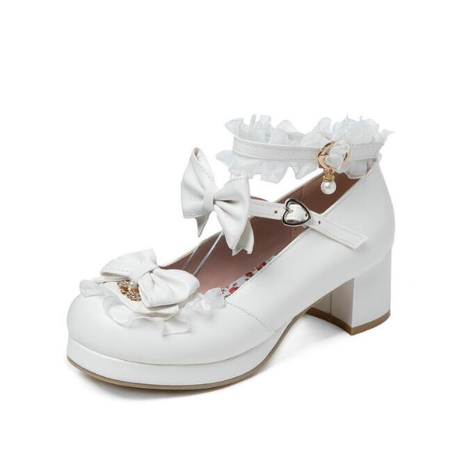 Girls High Heel Shoes Lolita Ruffles Bowknot Lace Wedding Shoes Women High Heel Princess Dress Party Shoes Plus Size 30-46