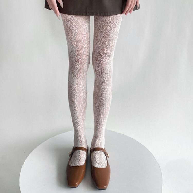 Women JK Hollowed Flower Jacquard Pantyhose Sexy Fishnet Lace Tights Leggings