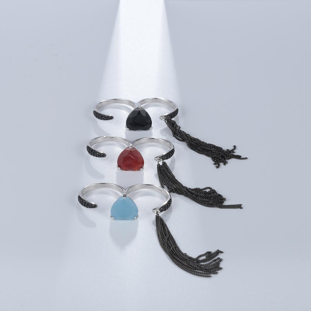 Original Designer Natural Love Gemstone Ring Tassel Design Niche High-end S925 Silver Black Agate Ring