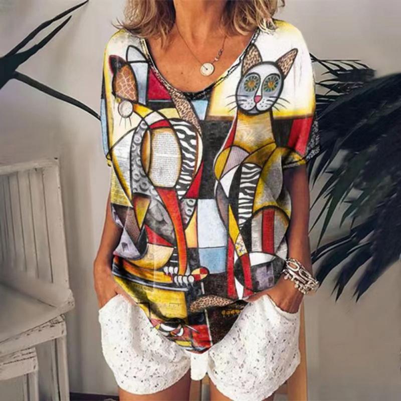 Women's 3d Cats Print T-Shirt Fashion Woman Blouses 2023 Funny Kawaii V-Neck T Shirt Female Clothing Oversized Summer Tops Tees