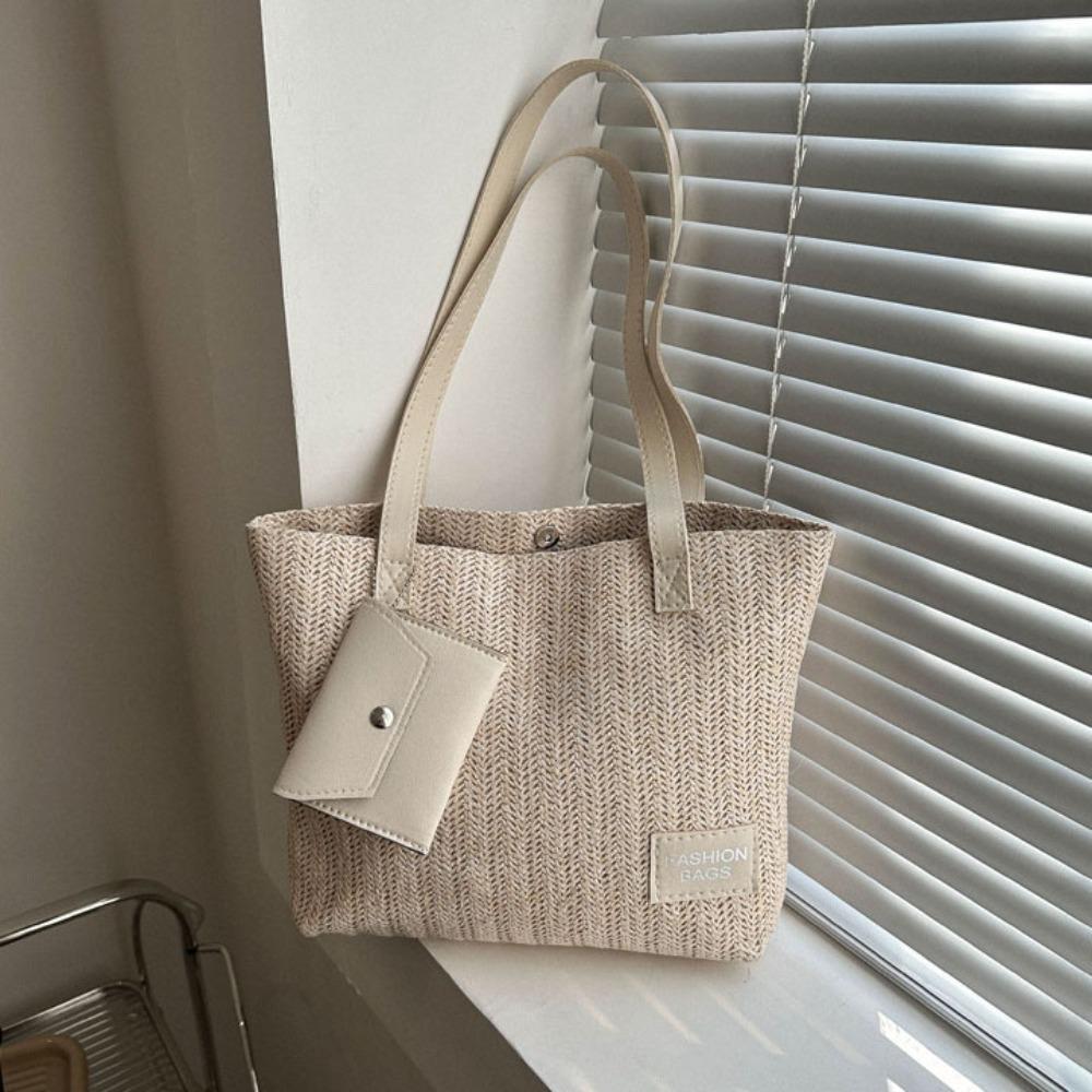 

Square Weave Straw Tote Bag with Coin Purse Raffia Shoulder Bag Casual Beach Bag Travel белый