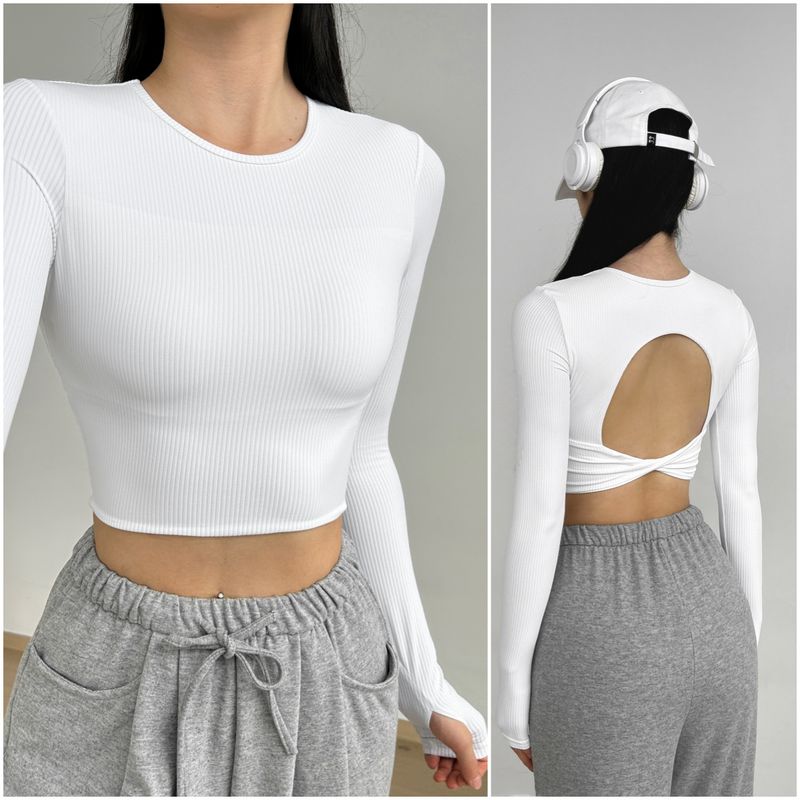 

Cable Stitch Twist Beauty Back Thread with Chest Pad Quick-Drying Yoga Pilates Long Sleeves Sports Fitness Top T-shirt High Elastic New White M