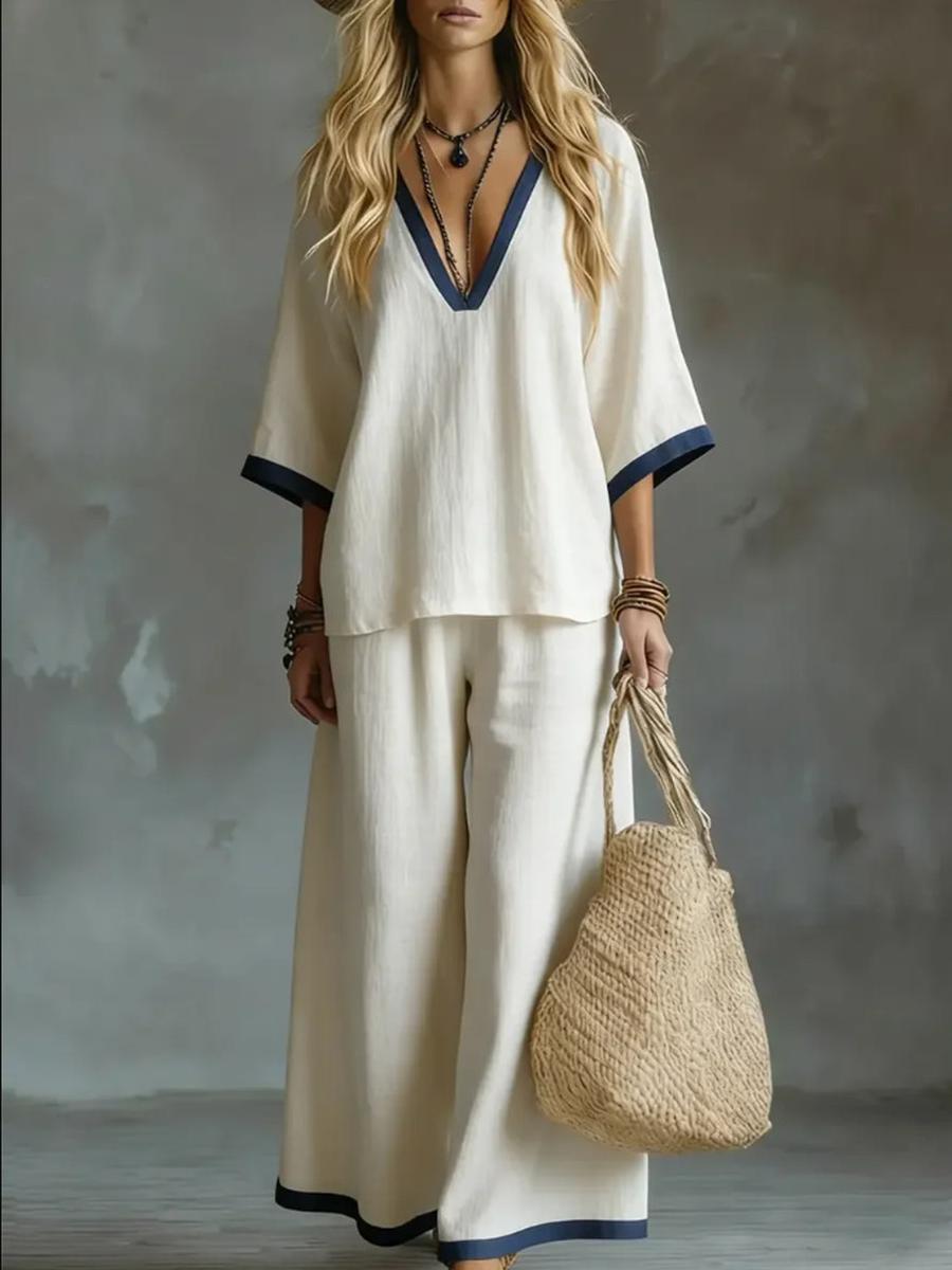 

Spring Women s Clothing Cotton Linen Pants Set Short Sleeve Top Solid Color Patchwork S