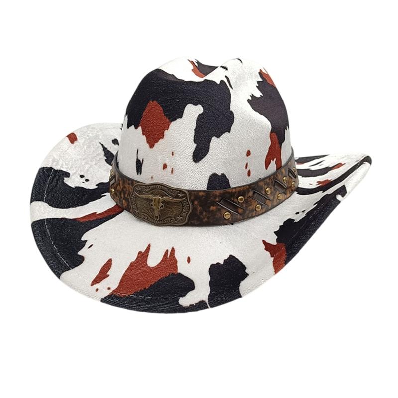 

Antique Wide Brims Cowboy Hats with Cow Pattern Bull Head Belt Design Western Theme Hat for Camping Horseback Ridings