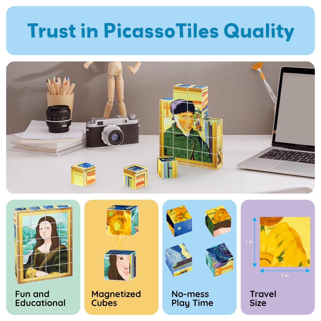 PicassoTiles 1-inch Magnetic Puzzle Building Cube Blocks for Kids, Van Gogh Puzzle, Mona Lisa Hand Puzzle, Kids Toys for Boys and Girls Ages 6+, STEM
