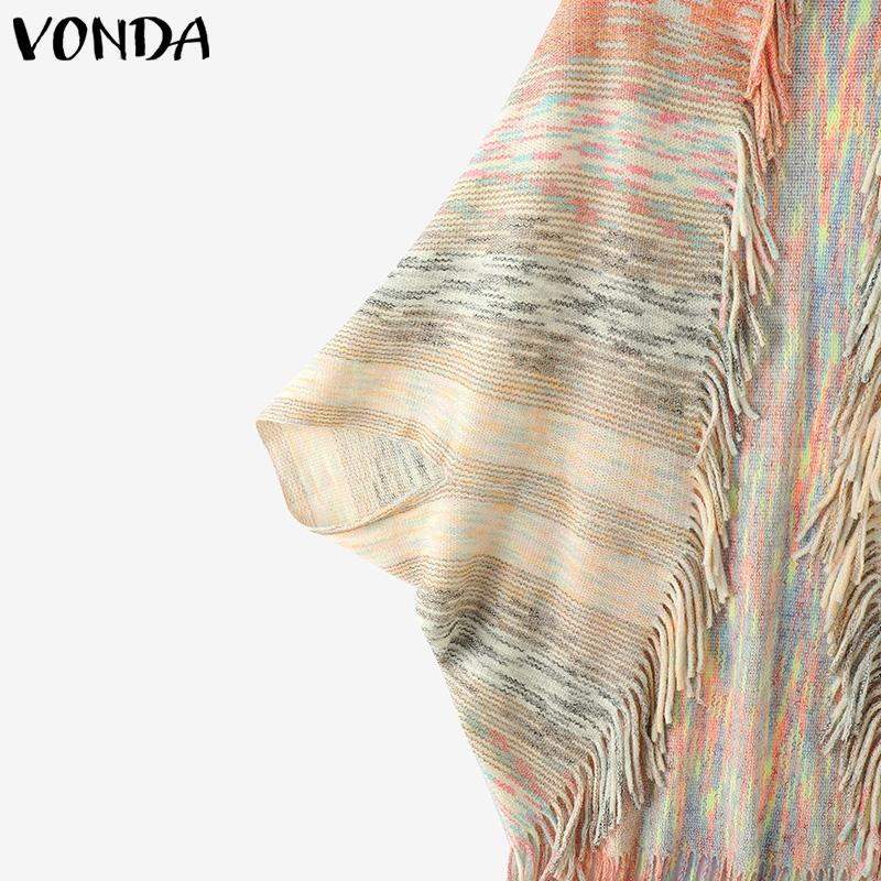 ZANZEA Women Batwing Long Sleeve Striped Open Front Tassel Hem Casual Knitted Sweaters Cardigans