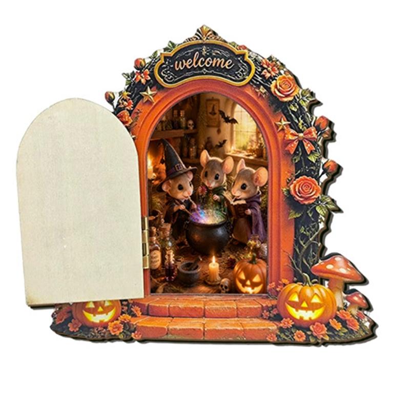 Wooden Indoor Halloween Arched Door Plaque Two Layer Sign with Round Adhesive Mounts for Party Entry Accent Use