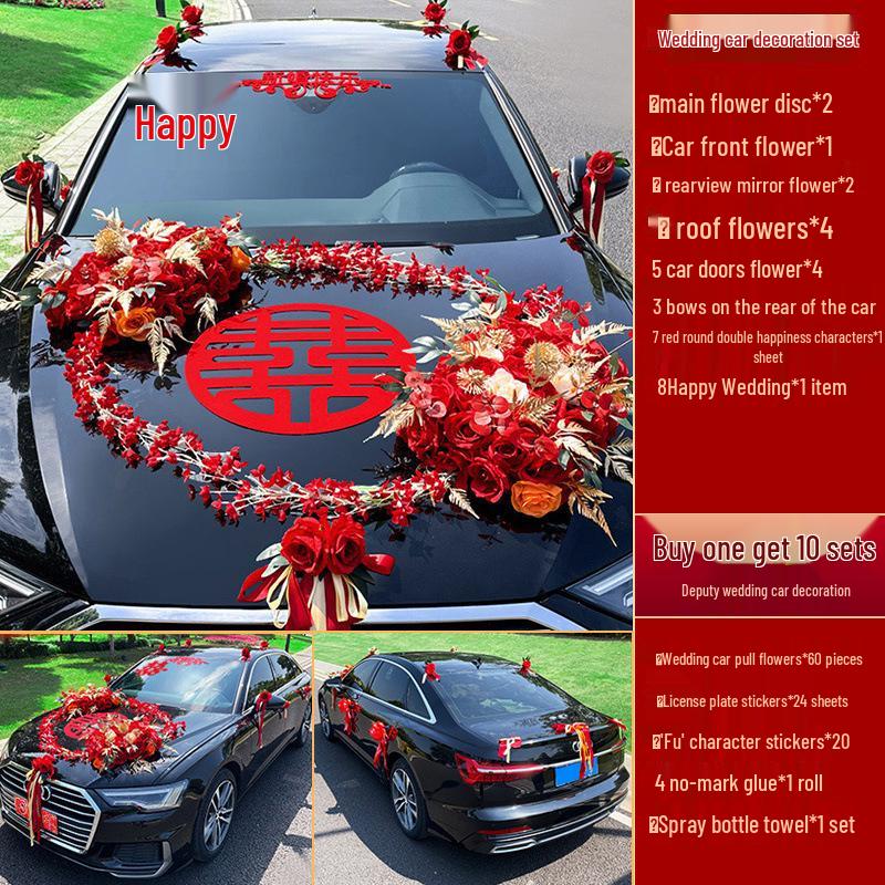 Complete Wedding Car Decoration Set: Front Flower Main Car and Lead Car Arrangement