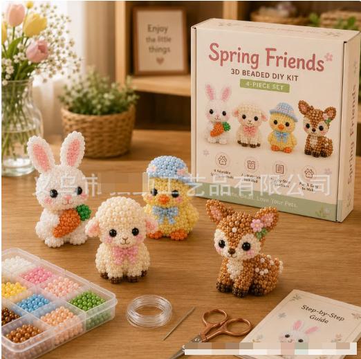 3D Perlen-Tier-Bastelset Frühjahrsfreunde Set Enthält Vier Tierfiguren Perlen Draht Schere und Schritt-für-Schritt-Anleitung zum Basteln