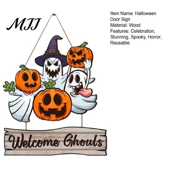 Thick Wood Halloween Plaque Happy Door Sign for Front Door, Wooden Ghost Pumpkin Hanging Hanger Plaque, Spooky Welcome Wreath Tree, Wall, Party