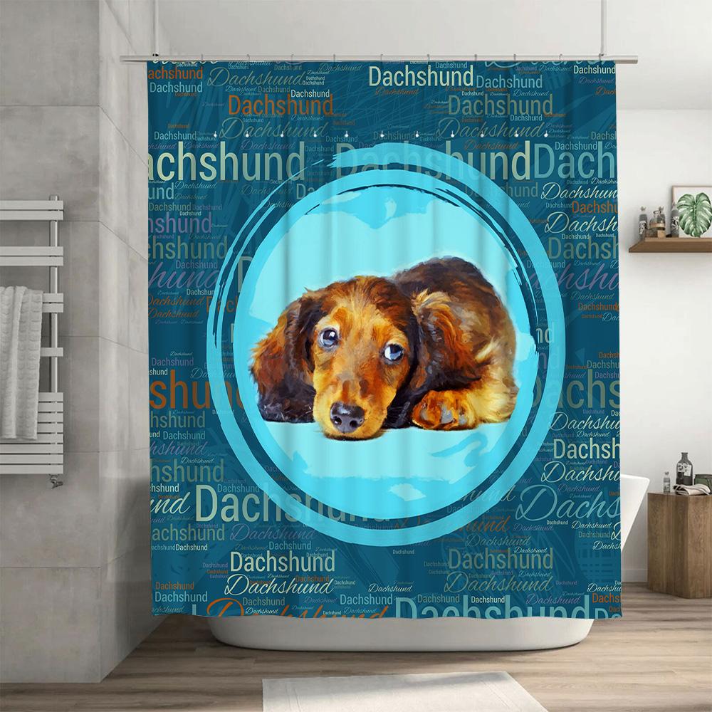 Adorable Dachshund Shower Curtain Blue Background With Red Furry Dog Design For Bathroom Decor Includes Hooks Custom Size Availa