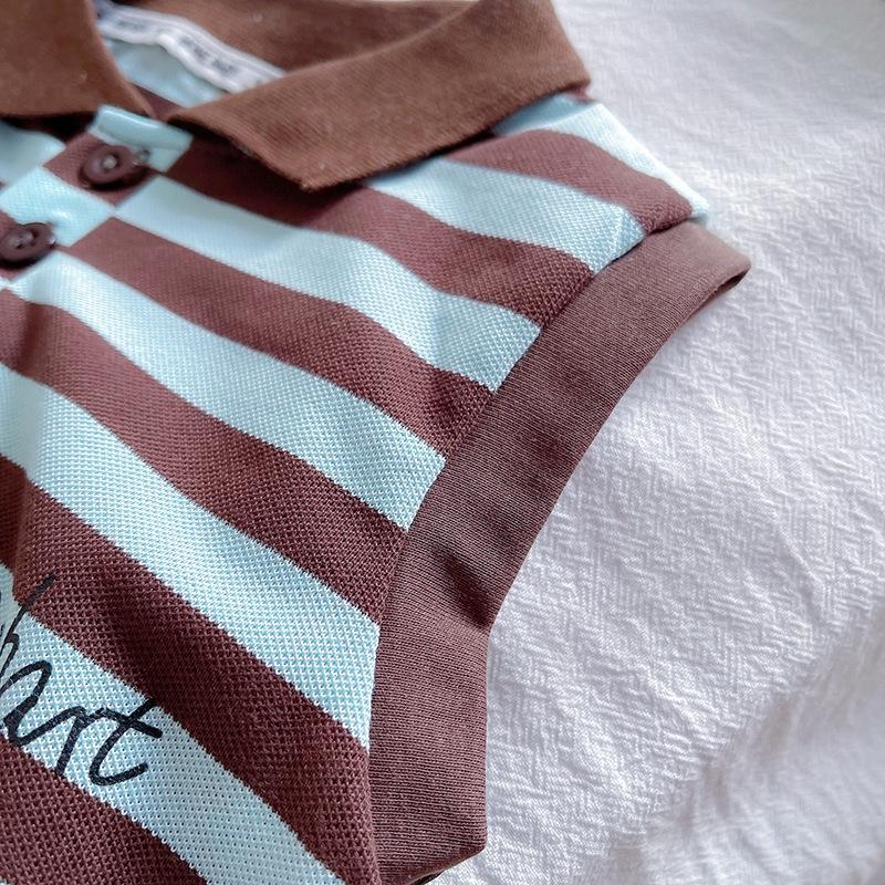 Children's Fashionable Cartoon Stripe Short Sleeved Shorts Beach Casual Spring And Summer Boys Suit Sleeveless Shirt+Short Pants