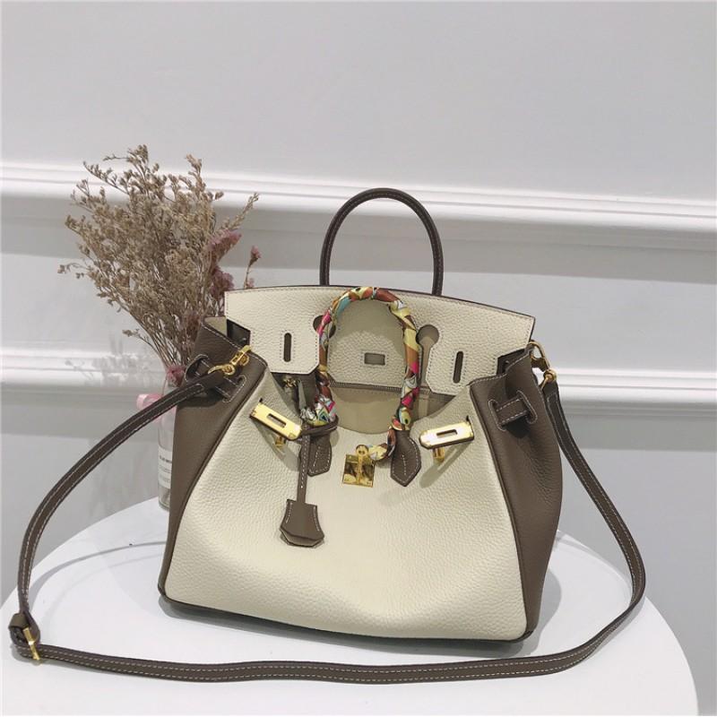 Color Block Milkshake White Khaki Tote Bag Genuine Leather Crossbody Medium Size