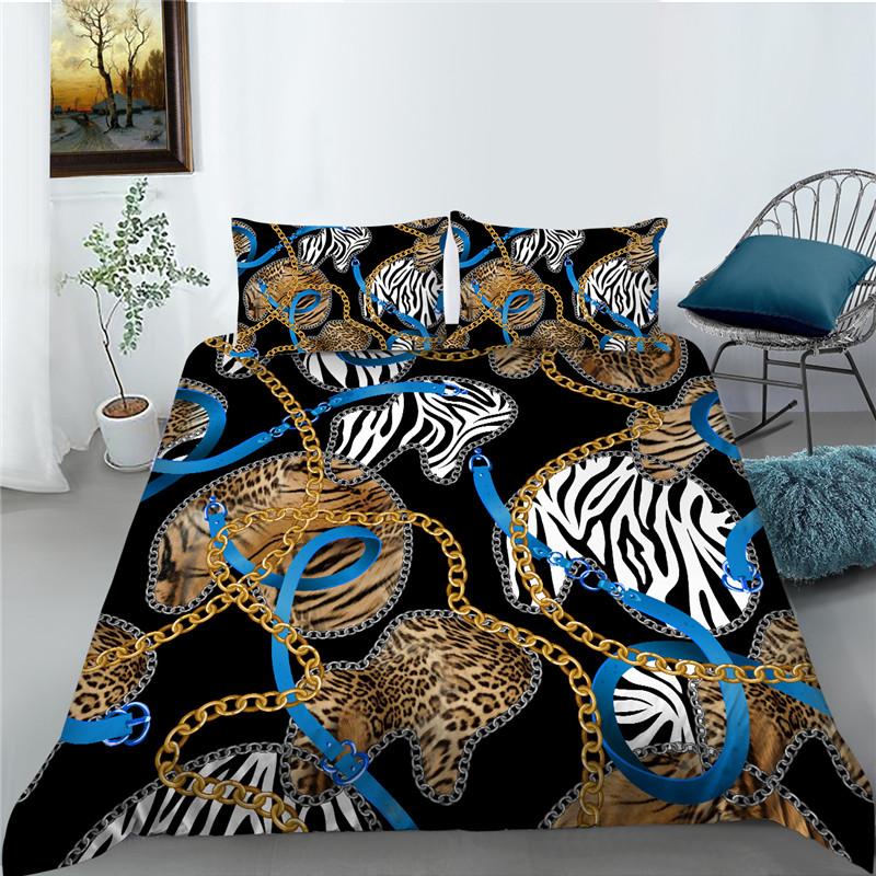 Bettbezug-Set mit Leopardenmuster, Mikrofaser, europäischer Retro-Klassiker, Druck, Doppelbett-Bettbezug mit Leopardenmuster und Goldkette, Kingsize