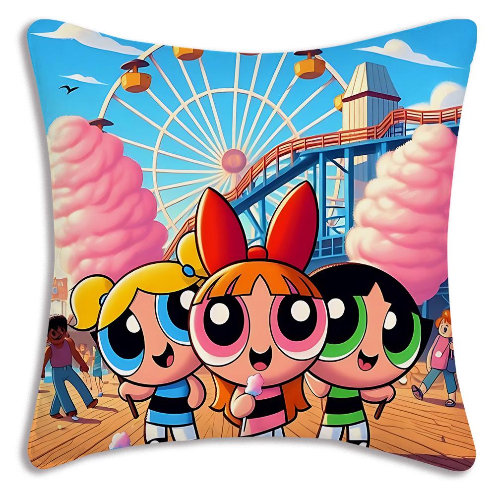 Anime Powerpuffs Girlss Pillow Covers Cartoon Sofa Decorative Home Double-Sided Printing Short Plush Cute Cushion Cover