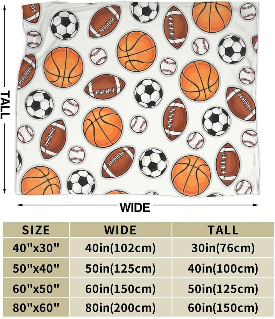 Sports Ball Pattern Throw Blanket Basketball Football Soccer Baseball Design for Kids Room Decor Gift for Him BoyGift