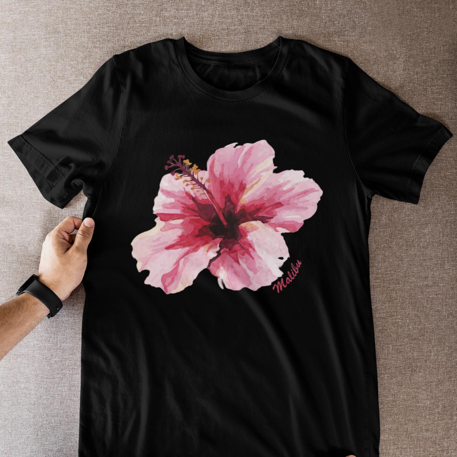 Tropical Hibiscus Flower Malibu T-Shirt | Pink Watercolor Botanical Tee 2XL