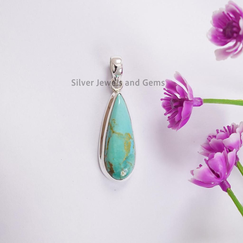 Kingman Turquoise Long Pendant, 925 Sterling Silver Pendant, Teardrop Pendant, Gift for Mom , Arizona Turquoise Jewelry, Birthstone Pendant