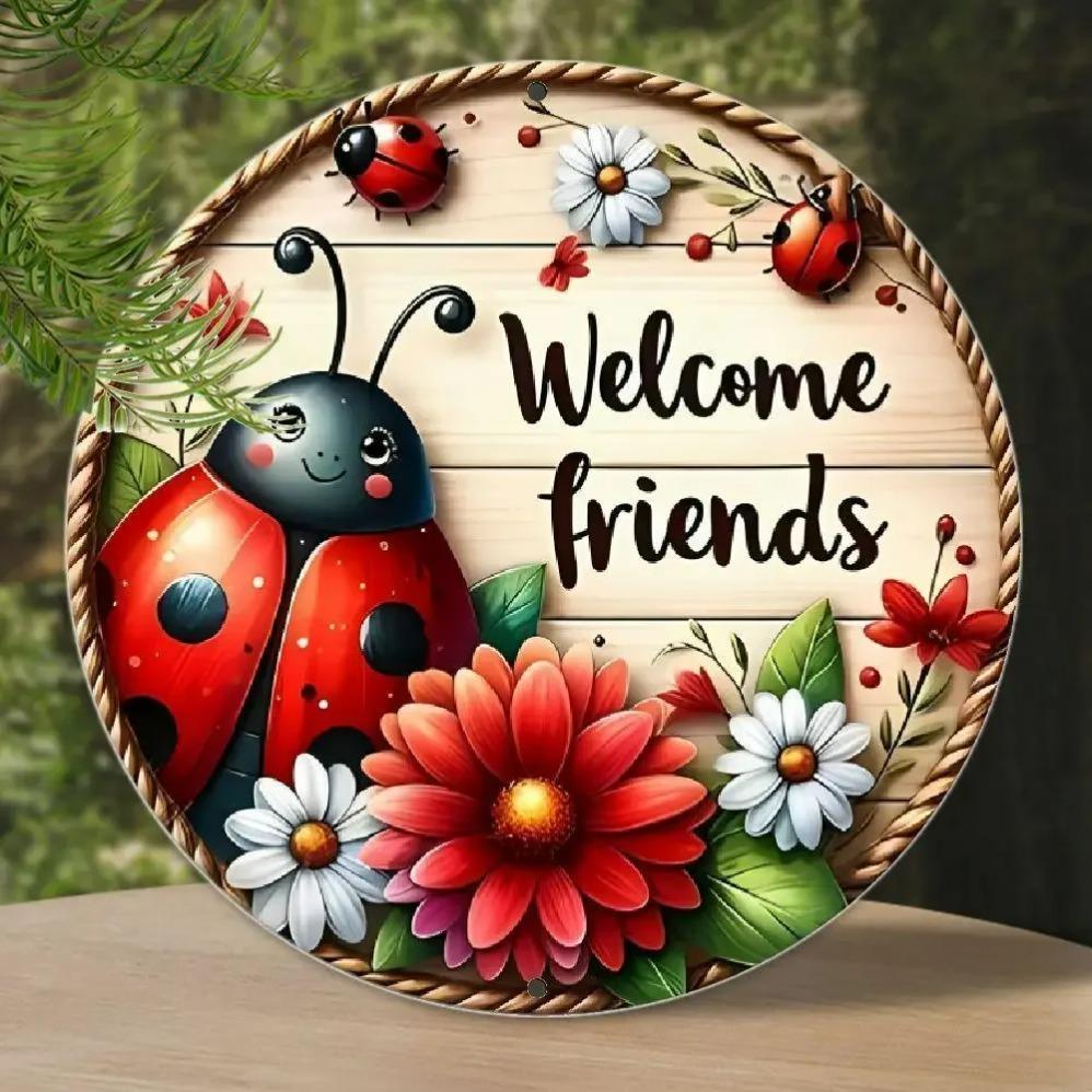 Rustic Ladybug Welcome Sign Charming GardenStyle Wall Hanging with Vibrant Flower Illustrations