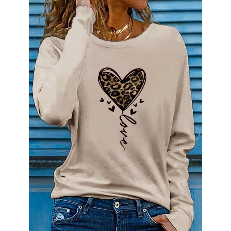Spring and Autumn Round Neck 3D Leopard Heart Pattern Printed Top Fashionable Casual Long Sleeved Women's T-shirts