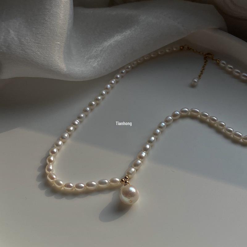 Shijia 2025 Naszyjnik Choker z Perłą Słodkowodną i Koralikami Ryżowymi dla Kobiet - Lekki Luksus Łańcuszek na Obojczyk