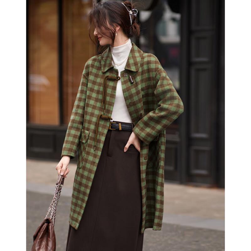 Si Shui Nian Hua Women's Elegant Plaid Wool Blend Mid-length Coat