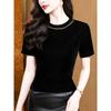 New Style, Versatile and Elegant Round Neck, Beaded Short-sleeved Velvet Inside and Outside Wearing T-shirt Base Shirt