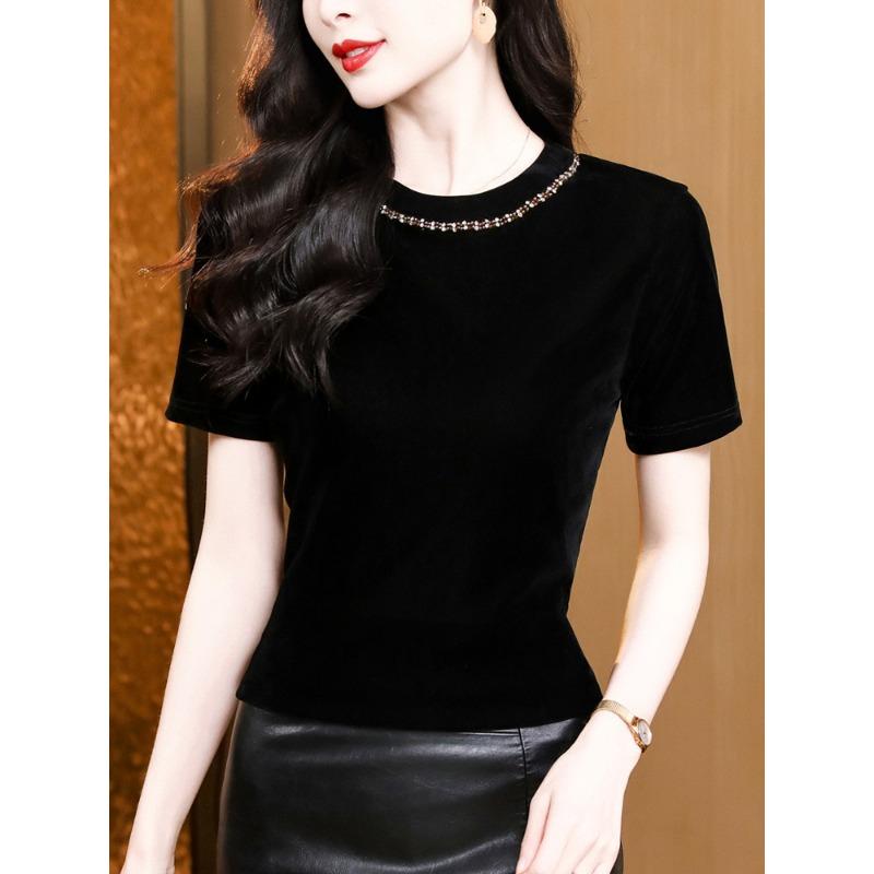 New Style, Versatile and Elegant Round Neck, Beaded Short-sleeved Velvet Inside and Outside Wearing T-shirt Base Shirt