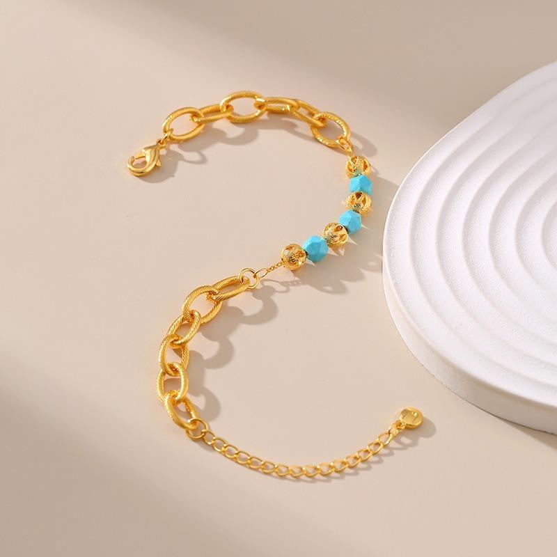 French Neutral 18k Gold Plated Brass Interlocking Chain Hollow Turquoise Bracelet