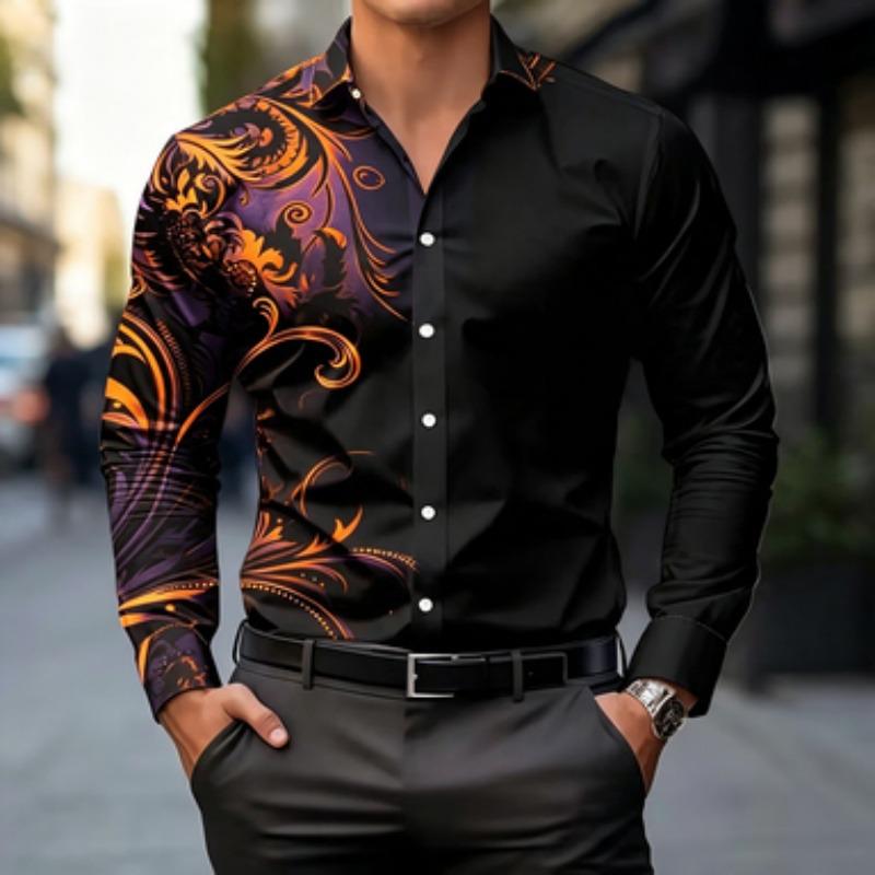 Men's long sleeved shirt light mature style single-sided totem print men's black long sleeved shirt European and American workpl