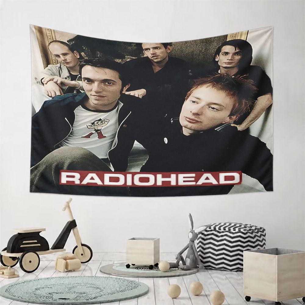 Five people are seated closely with a bold "RADIOHEAD" text at the bottom. Patterned tapestry for bedroom and living room home decor