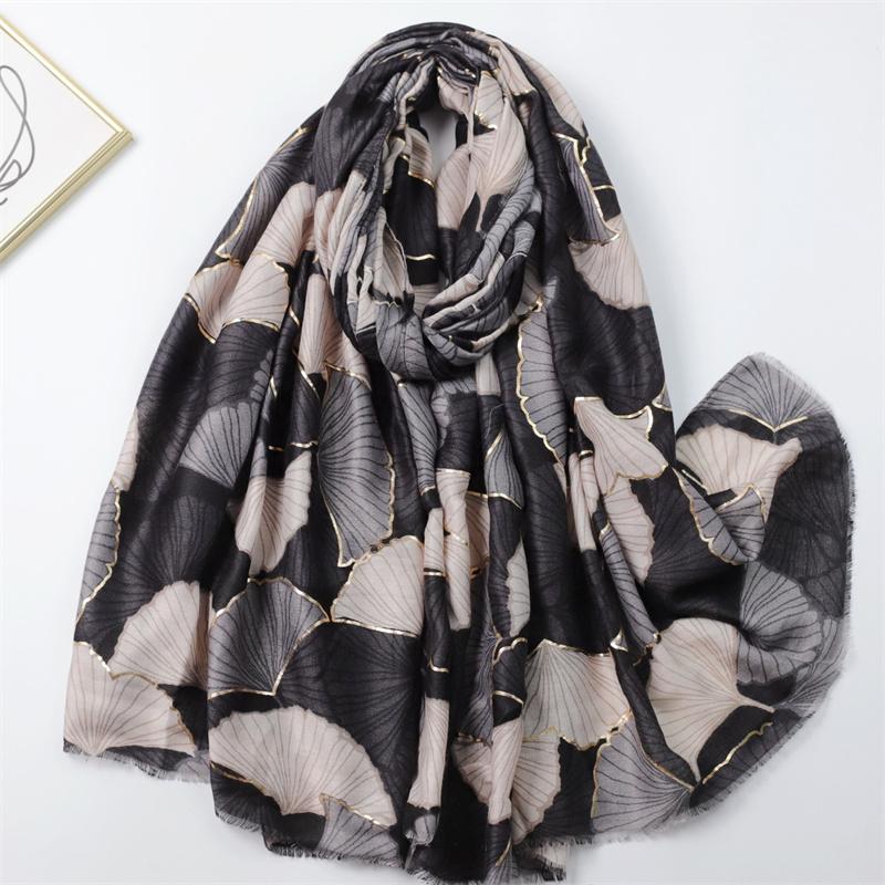 Winter Lurex Glitter Ginkgo Leaf Floral Viscose Soft Scarf Chic Cotton Shawl Women Perfect for Travel & Casual Muslim Hijab