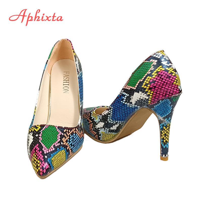 Fashion Aphixta New Pointed Toe 3.94 Inch Thin Heels Women Shoes Snake Prints Leather Wedding Party Woman Super Big Size 49 50