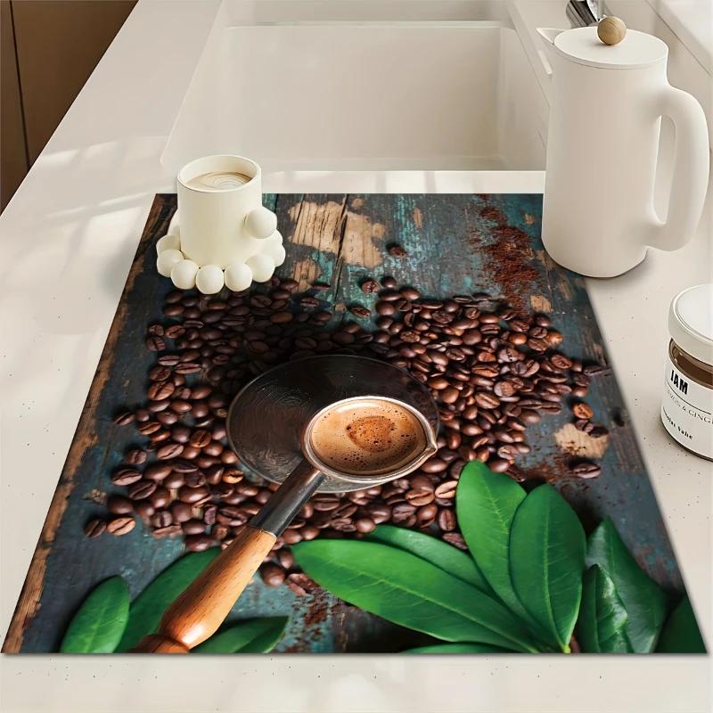 Retro Coffee Patterns Drain Mat Absorbent Rubbermat Kitchen Counter Bar Supplies Hiding Stains Protecting Cutlery Fashion Design
