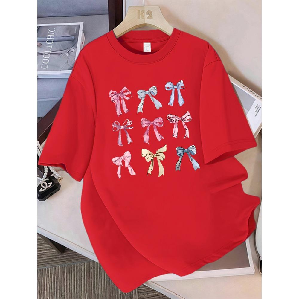 Summer T-shirt Women's Colorful Bow Printed Short Sleeve Comfortable Soft Round Neck Top Holiday Casual Women's Clothing