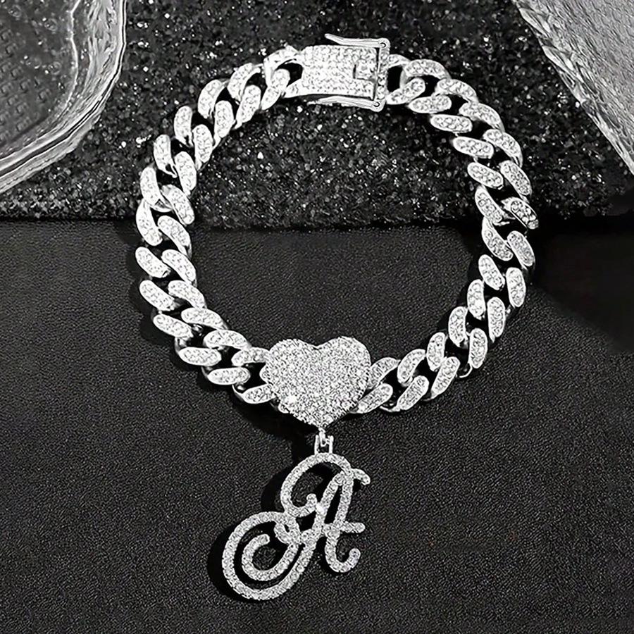 26 English Alphabet Full Diamond Heart Pendant & 13MM Cuban Anklet - Creative Hip-Hop Rapper Jewelry