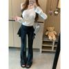 Kumikumi Pure Desire Style Set Sloping Shoulder Temperament Long sleeves Shirt Women Autumn Slim fit Slimming Bootcut Trousers Two-piece Set