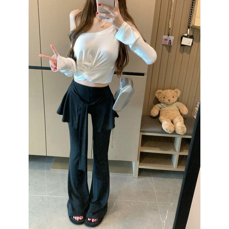 Kumikumi Pure Desire Style Set Sloping Shoulder Temperament Long sleeves Shirt Women Autumn Slim fit Slimming Bootcut Trousers Two-piece Set