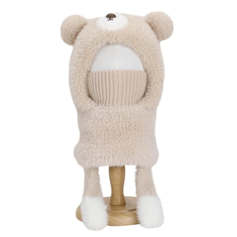 Children Face Cover Brimless Hat Neck Warmer With Cartoon Bear Design Pullover Earflap Hat For Toddler Skiing Hiking