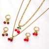 Stainless Steel Necklace Drip Red Oil Cherry Earrings Cute Sweet Plated 18k Gold Titanium Steel Jewelry Set