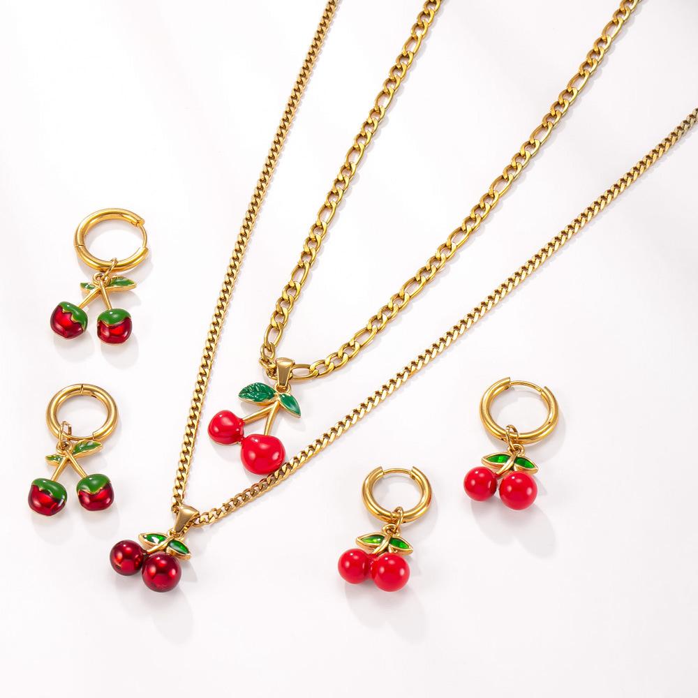 Stainless Steel Necklace Drip Red Oil Cherry Earrings Cute Sweet Plated 18k Gold Titanium Steel Jewelry Set