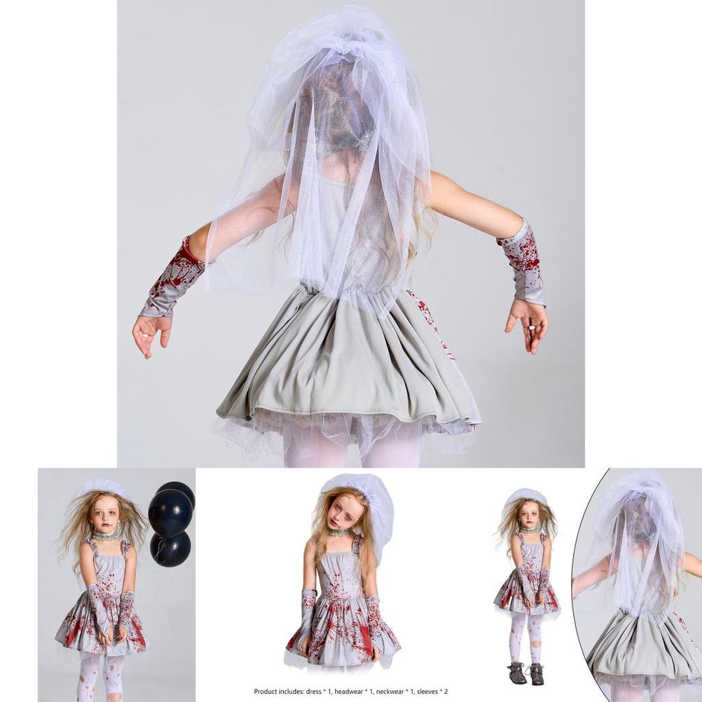Costume Sposa Fantasma Macchiato di Sangue Grigio per Halloween Abito Stile Principessa con Pizzo e Tessuto Trasparente