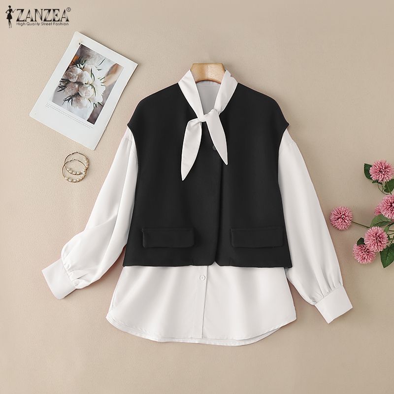 ZANZEA Blusa Casual de Mujer con Cuello Redondo, Manga Larga Holgada y Patchwork