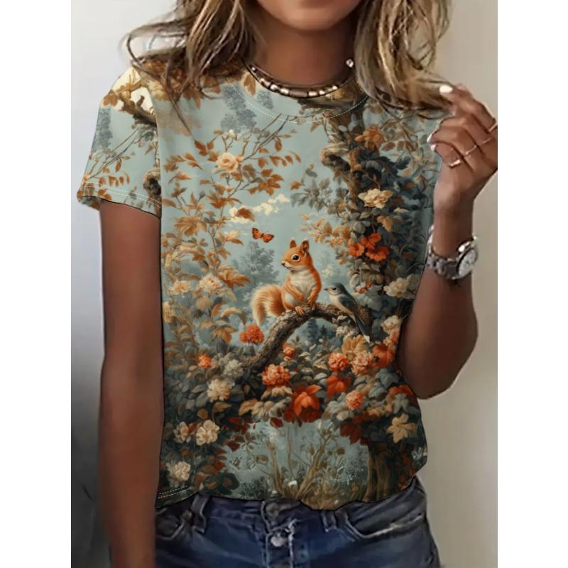 Women's Short-sleeved Round-neck T-shirt with Fox Pattern Print