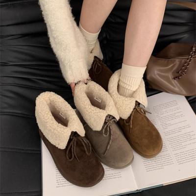 Einfache weiche Sohle Winter dicke Sohle runde Zehe Schneestiefel Damen Umschlag Schnürung hässlich süße kurze Stiefel Plüsch warm flauschige Schuhe