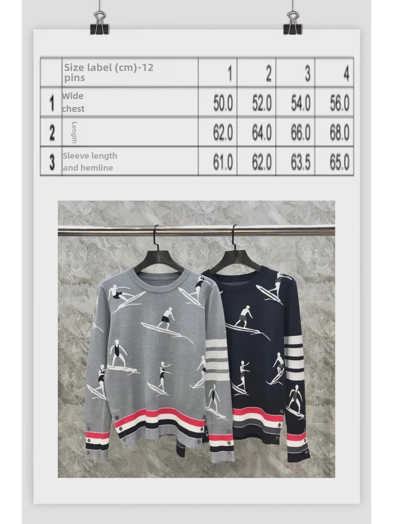 Unisex Knit Surf Jacquard Sweater - Round Neck, Wool, Casual All-Match for Autumn/Winter