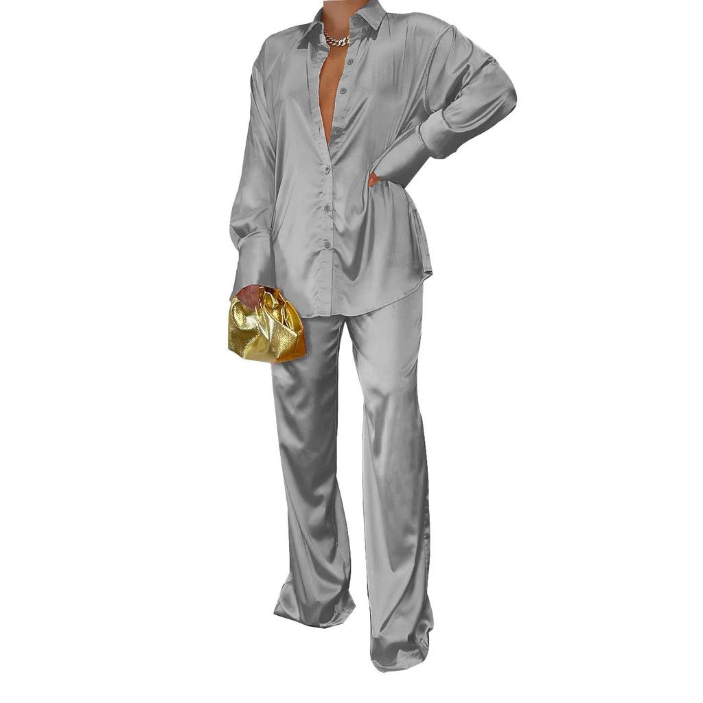 Completo da Donna in Raso a 2 Pezzi, Top a Manica Lunga con Collo a Camicia con Pantaloni Larghi a Gamba Dritta, Outfit Casual Monocolore